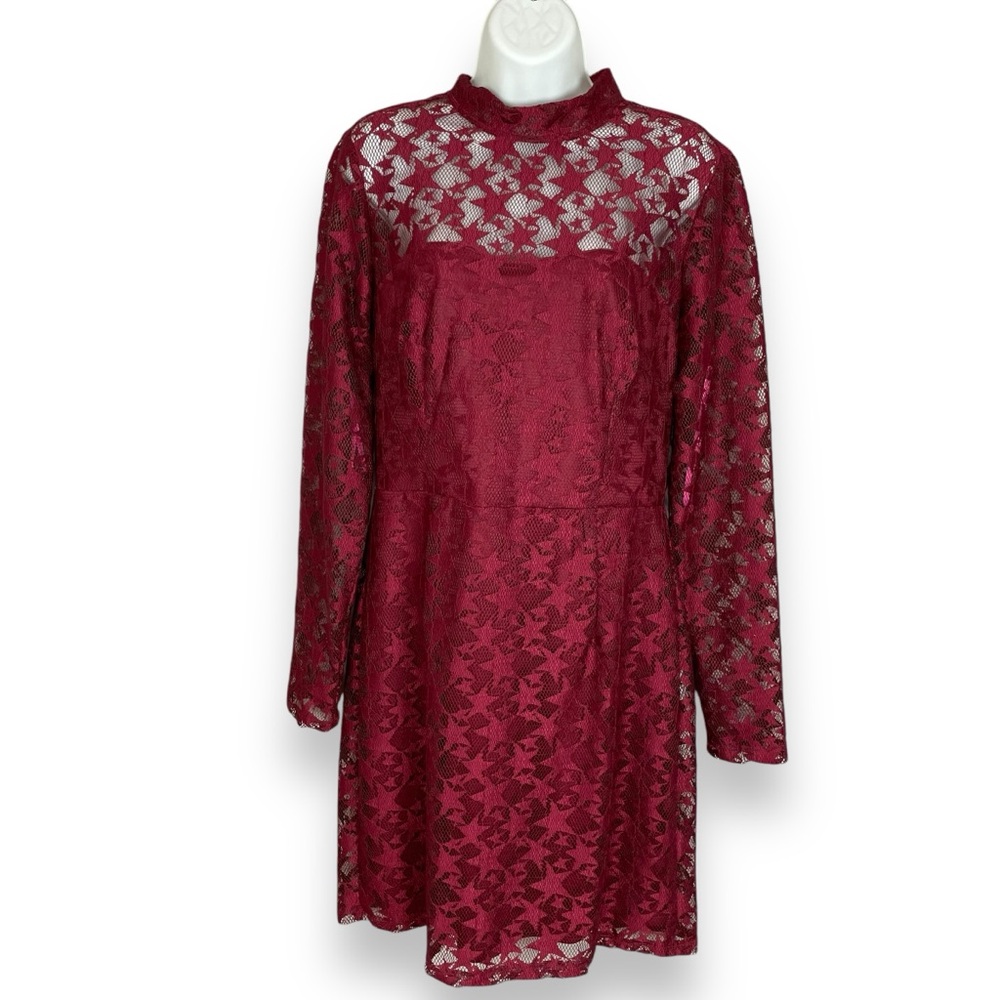 Betsey Johnson Dress Red Star Lace Sheath Illusion Long Sleeve Sheer Maroon 12 - Picture 3 of 14